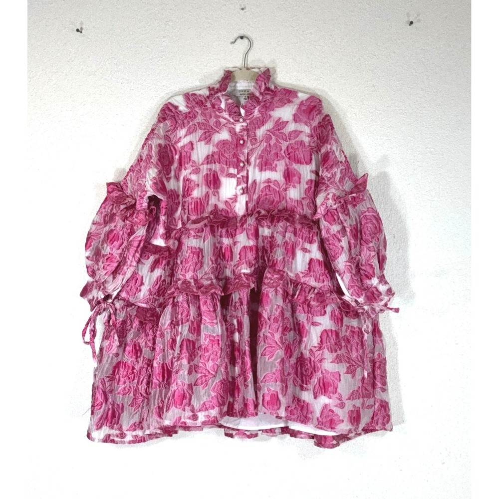 Dream Sister Jane Pink Mini Dress - M - Floral Jacquard Ruffle Tiered DRD258FUS